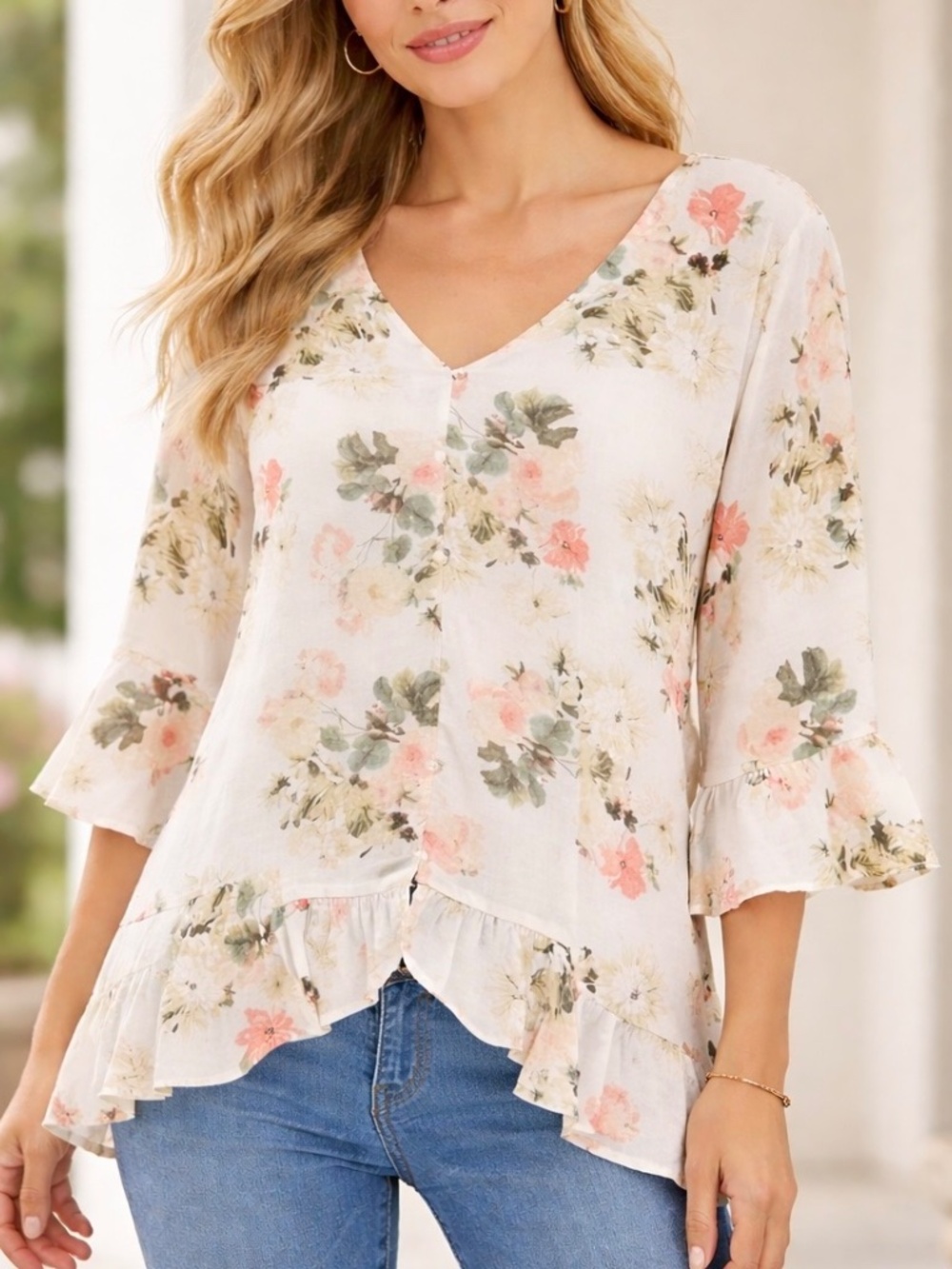 Nue Options Off White Floral Ruffle High Low Blouse Top Womens XL